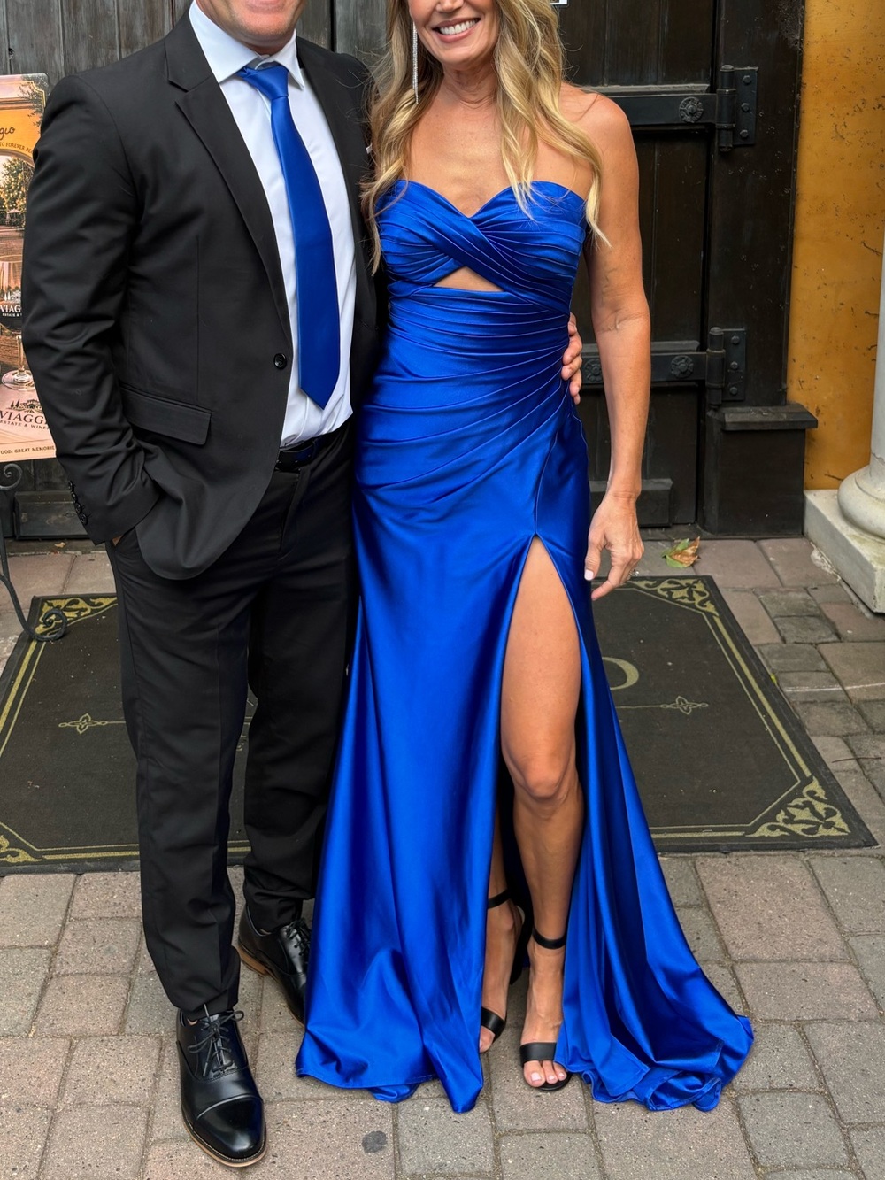 Strapless Royal Blue Evening Gown with Side Slit